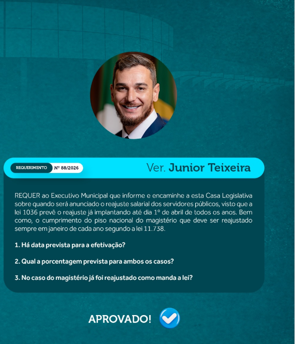 Imagem de compartilhamento para o artigo Vereador Junior Teixeira cobra informações sobre reajuste salarial de servidores e professores em Chapadão do Sul da MS Todo dia